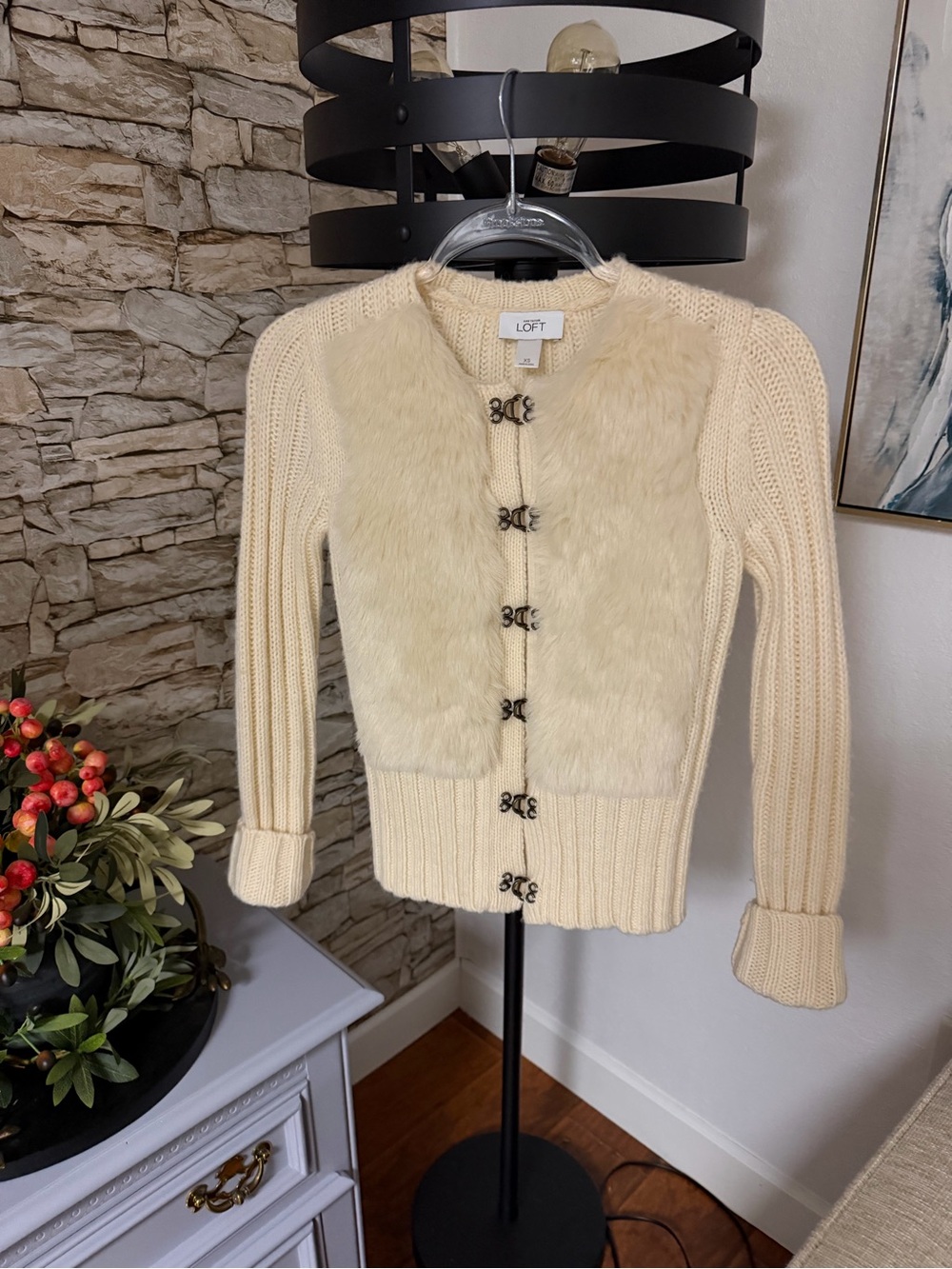 LOFT Cream Faux-Fur Front Knit Cardigan with Decorative Clasps